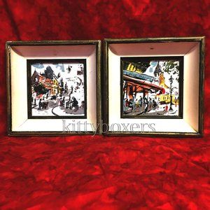 1950's Authentic Vintage 2  Rustic Framed Poché French Japanese Tile Paintings